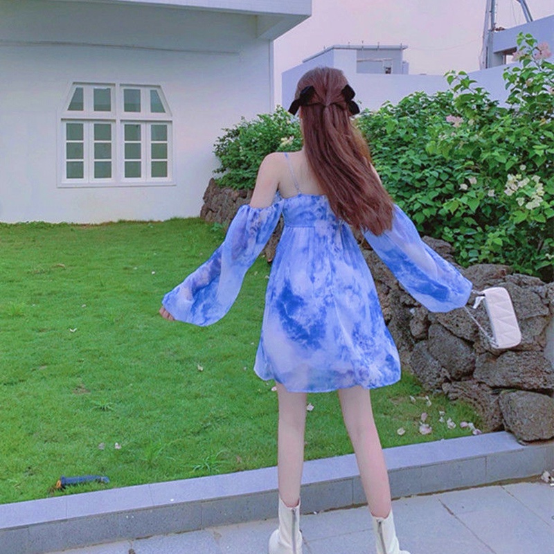 IELGY Đầm Tay Phồng Dài Màu Nhuộm Phong Cách Pháp Cổ Điển Mẫu Mới Thời Trang Mùa Hè Cho Nữ 2022