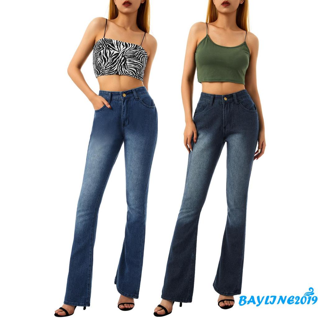 Quần Jeans Dài Ống Loe Có Túi Màu Sắc Đơn Giản Cho Nữ