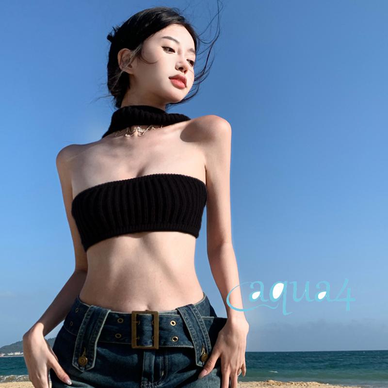 Áo Croptop Hai Dây Dệt Kim Màu Trơn Thời Trang Mùa Hè Cho Nữ