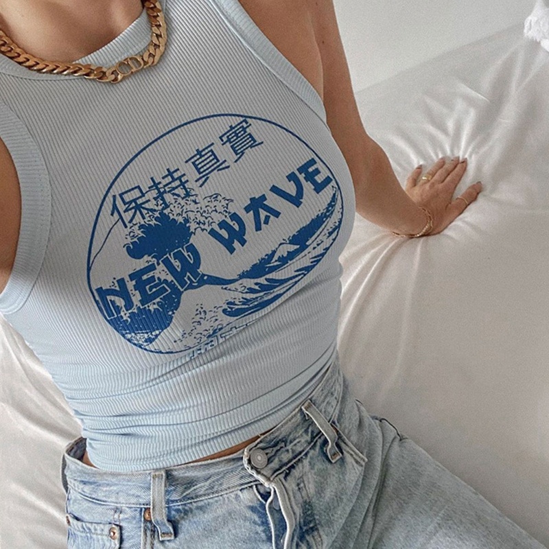 Áo Crop Top Dệt Kim Không Tay In Chữ Rib Gợn Sóng Thời Trang Cho Nữ