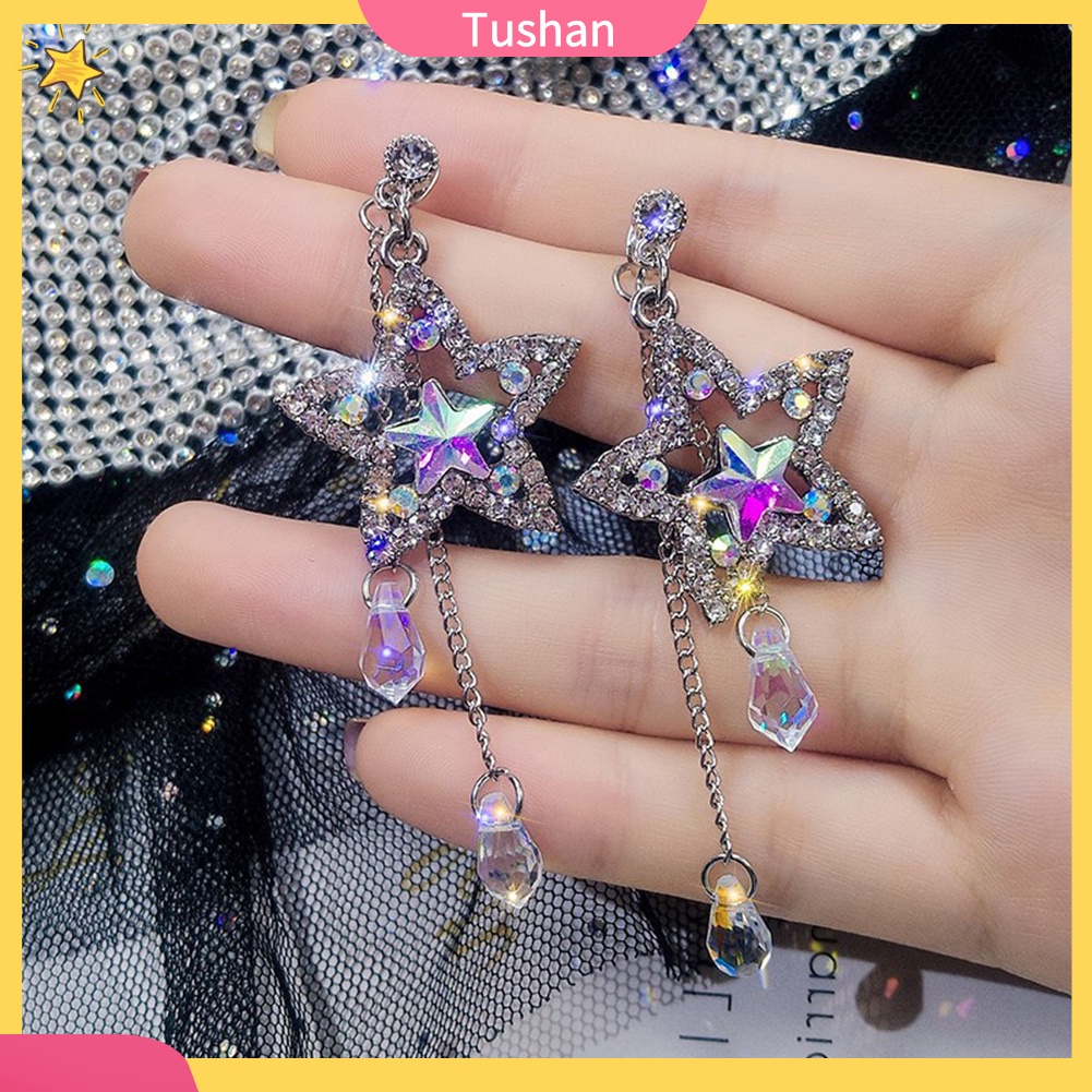 TUSH_Party Women Shiny Rhinestone Inlaid Star Long Tassel Drop Dangle Stud Earrings