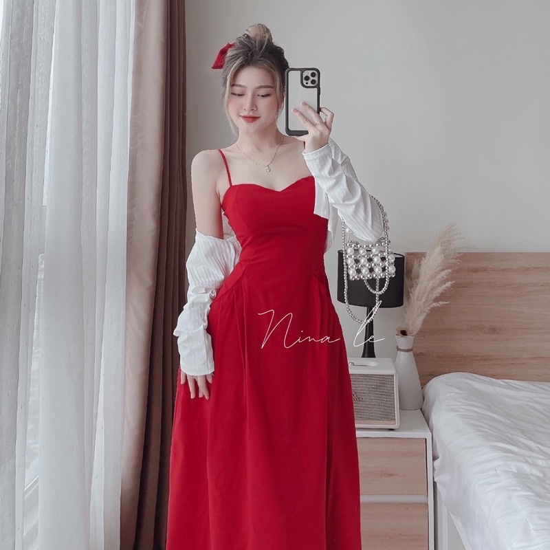 Đầm đỏ dáng đai kèm khoác gân trắng shop nina le