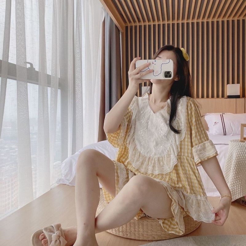 BỘ MẶC NHÀ TIỂU THƯ KẺ CARO VIỀN BÈO PHỐI REN rẻ nhất shopee