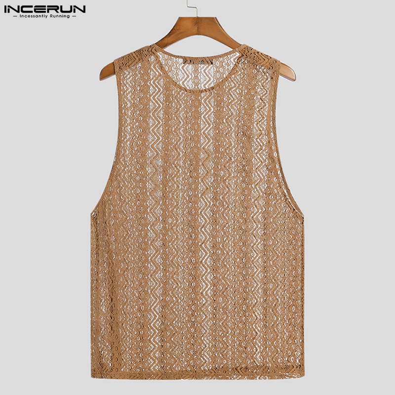 INCERUN Áo Ba Lỗ Nam Phối Ren Hoa Trong Suốt Thời Trang Mùa Hè