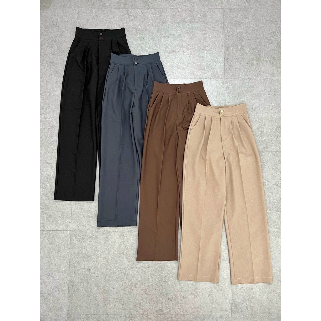 Quần culottes ống rộng suông dài, Quần tây lưng cao 2 cúc chất dày cao cấp 00126 Okélla
