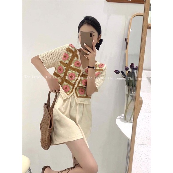 [Ảnh thật/Videp]Áo len pha tay hoa thêu Sunday  mã hai màu hồng xanh Áo mongtogi hàng Quảng Châu