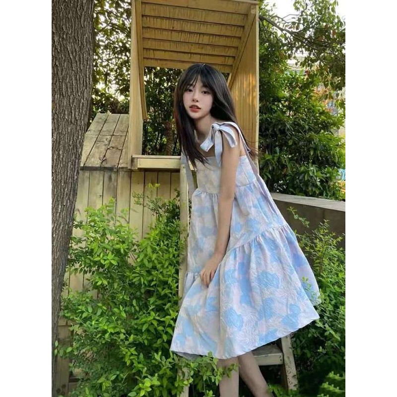 Váy 2 dây babydoll xanh pastel buộc nơ vai dáng dài dễ thương ulzzang Hàn Quốc [Yannie]