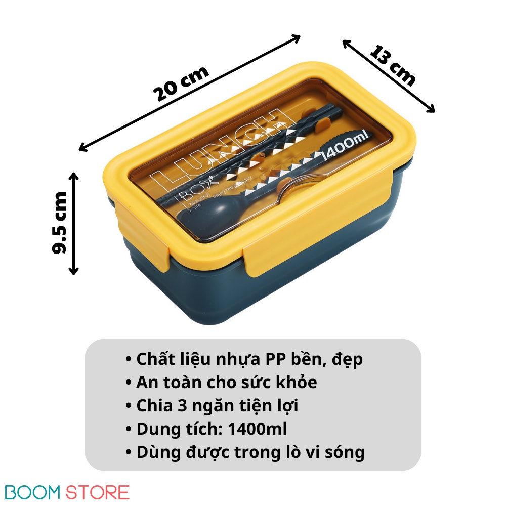 Hộp cơm văn phòng 3 ngăn 1400ml dùng được trong lò vi sóng cao cấp Boom Store