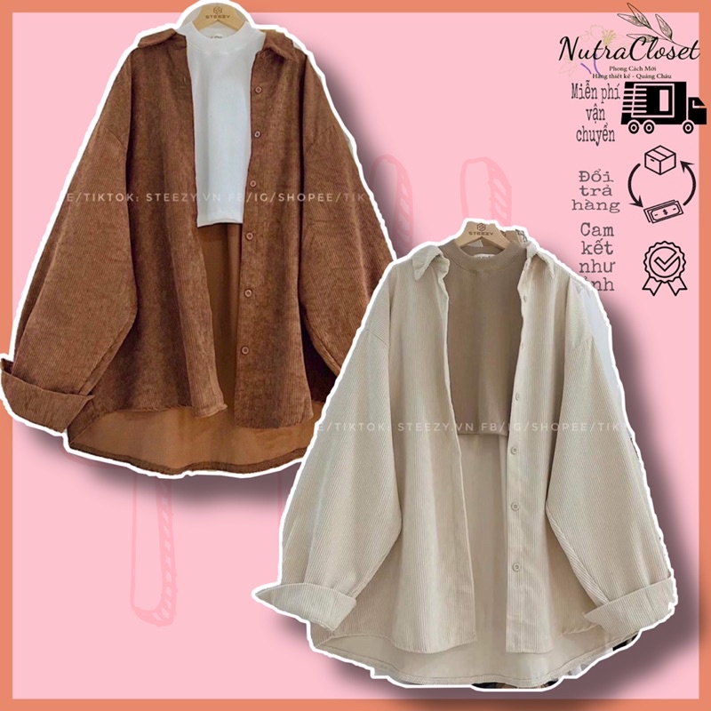 Áo khoác dáng sơmi cài nút kaki nhung gân trơn basic không túi unisex ulzzang nam nữ