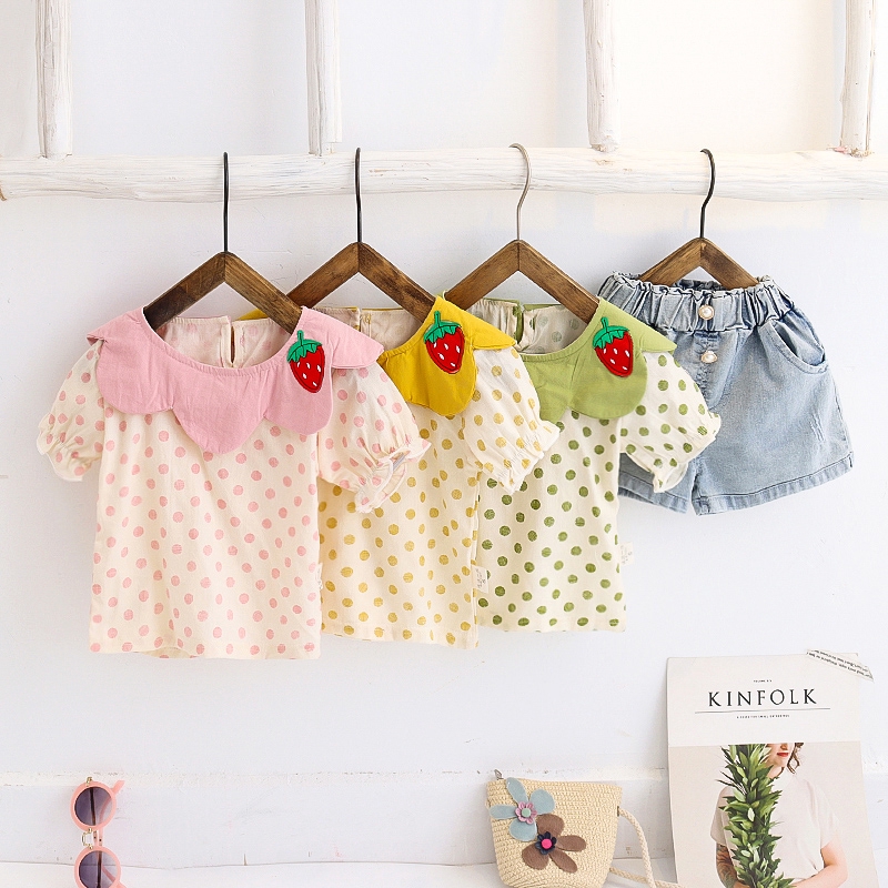 Không-5 Cái thẻ nữ trang phục trang phục thời trang yêu vải sợi dâu tây In sơ mi quần áo ngắn quần áo quần jeans | BigBuy360 - bigbuy360.vn