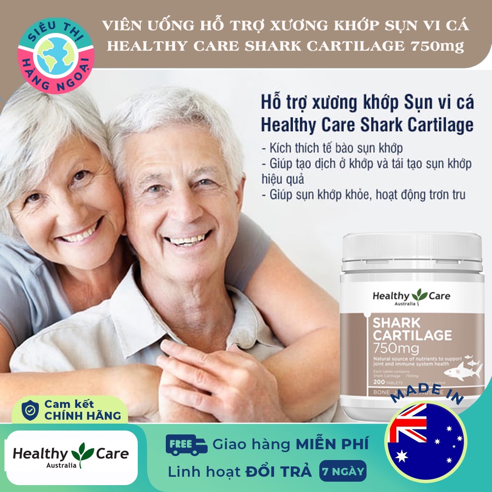 Viên sụn cá mập Healthy Care Shark Cartilage 750mg Úc Hộp 200 viên [Hỗ trợ điều trị các vấn đề về cơ xương khớp]