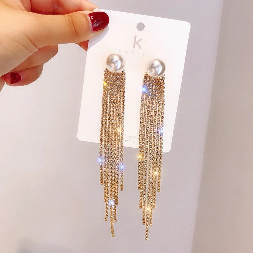 Bông Tai Mạ Bạc 925 Đính Đá Ngọc Trai Phối Tua Rua Phong Cách Hàn Quốc Thời Trang Cho Nữ