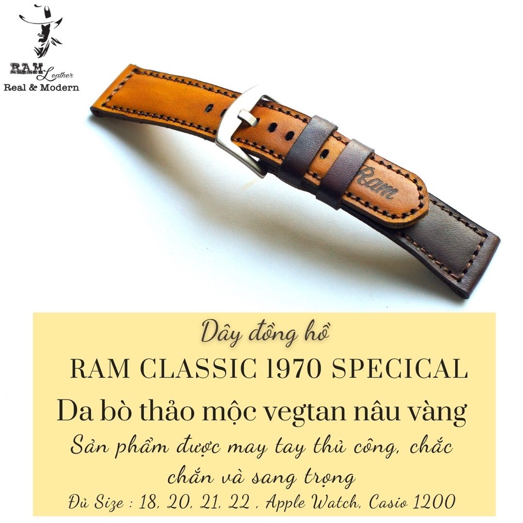 Dây đồng hồ RAM Leather da bò vegtan Ý bền chắc - Ram classic 1970 socola + vàng