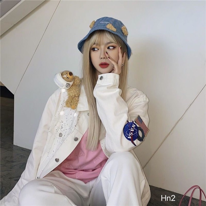 Mũ bucket bò 13de marzo đính gấu bông mai phương bùi