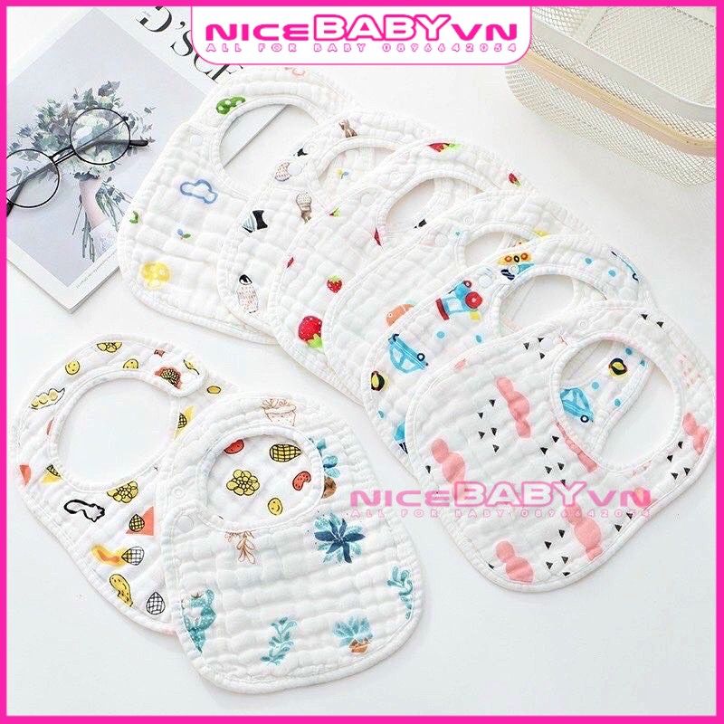 Yếm Vải Xô Vuông 6 Lớp Cúc Bấm Nền Trắng Cho Bé Ăn Dặm Siêu Thấm Hút Mềm Mại NiceBabyVn