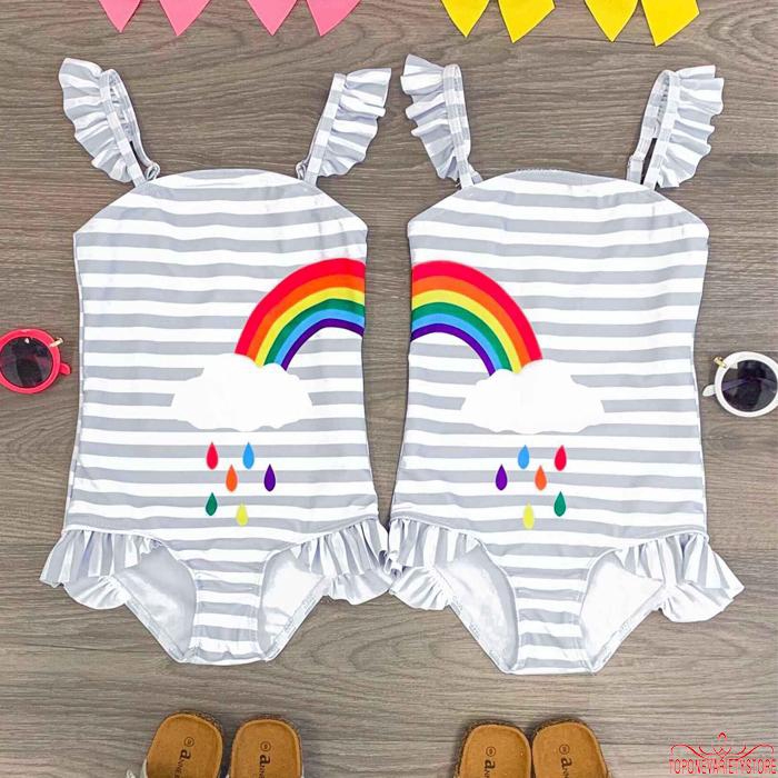 Bộ bikini liền thân họa tiết sọc ngang màu sắc cầu vồng dành cho bé