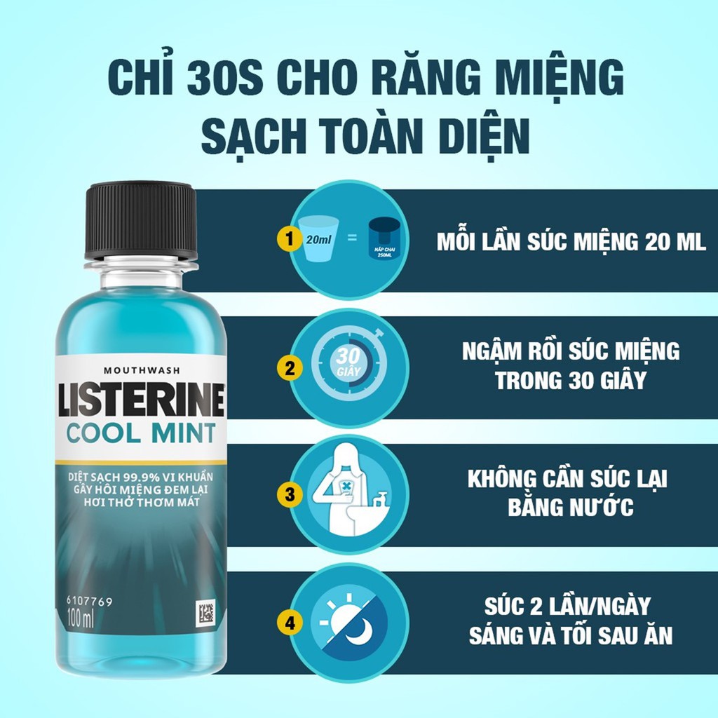 Bộ 2 Chai Nước Súc Miệng Listerine Diệt Khuẩn, Giữ Hơi Thở Thơm Mát Listerine Coolmint Mouthwash 100ml/Chai