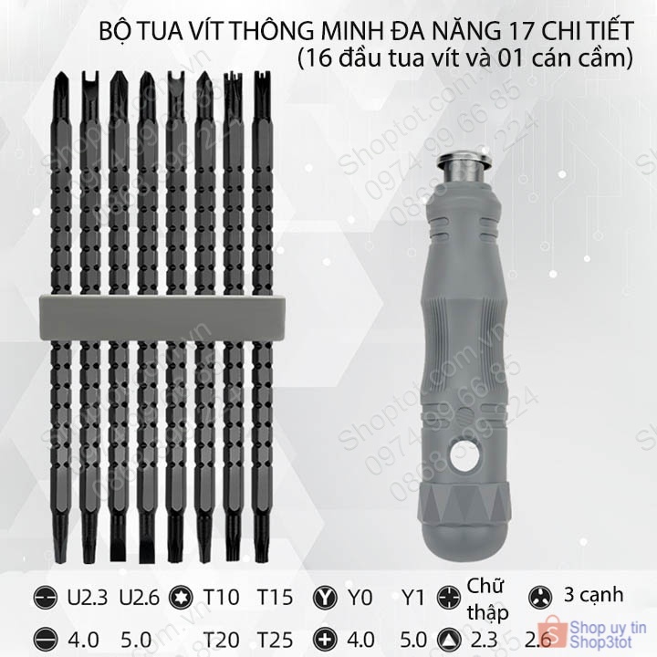 Bộ tua vít đa năng thông minh tiện dụng với 17 chi tiết khác nhau, có thể thay đổi chiều dài
