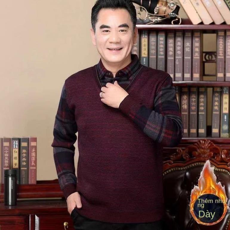 Cha của mùa thu và mùa đông cùng với áo len nhung, áo sơ mi nam đáy dài tay ấm áp cho người trung niên và cao tuổi -n81