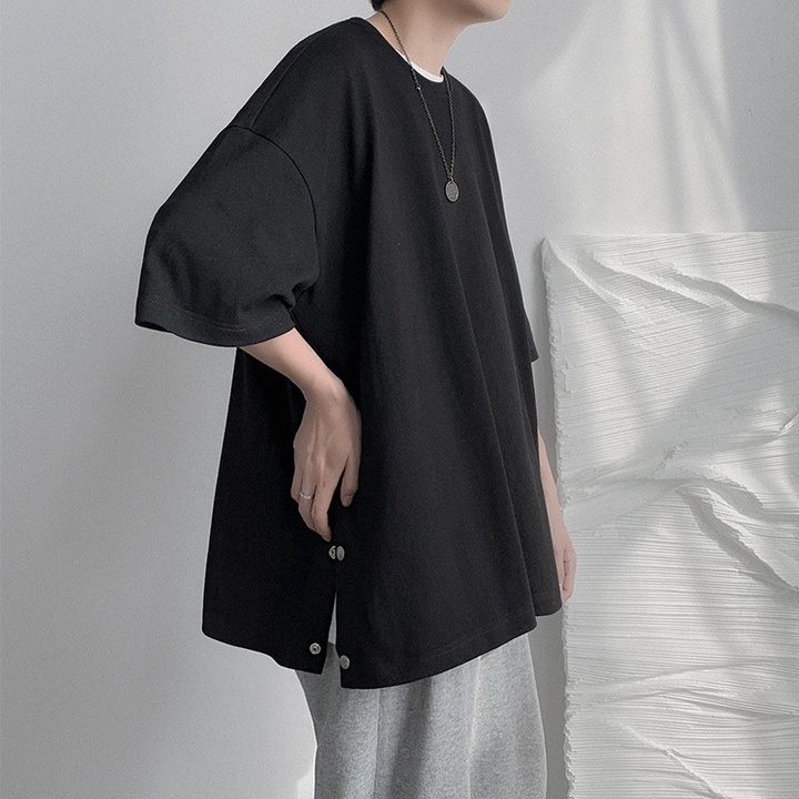 Áo Thun Tay Lỡ Unisex Xẻ Tà Cotton Thoáng Mát,Áo Phông Dáng Rộng Phối Cúc Nam Nữ Phong Cách Hàn Quốc