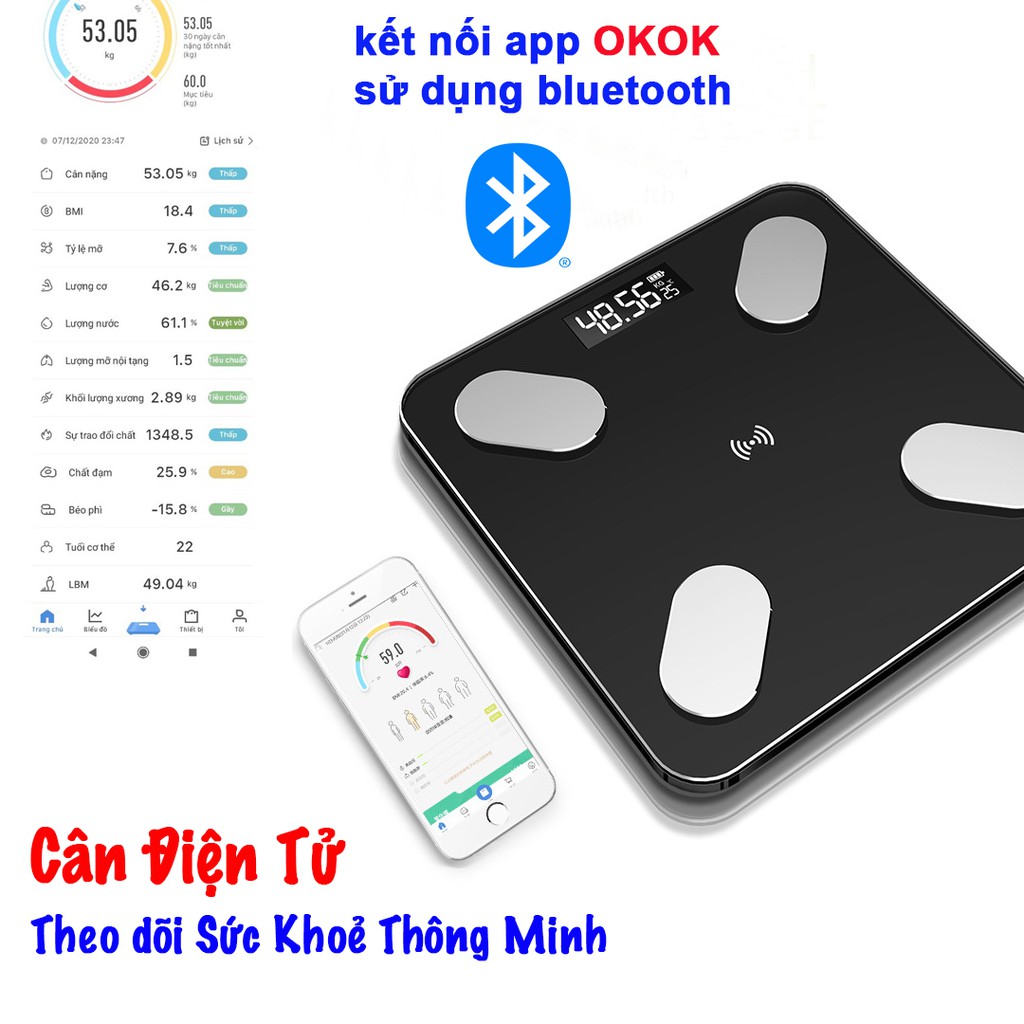 Cân Điện Tử Thông Minh Kết Nối Bluetooth [ Xả Kho ] ứng dụng tiếng việt Phân Tích chỉ số Cơ Thể (tặng thước đo 3 vòng).