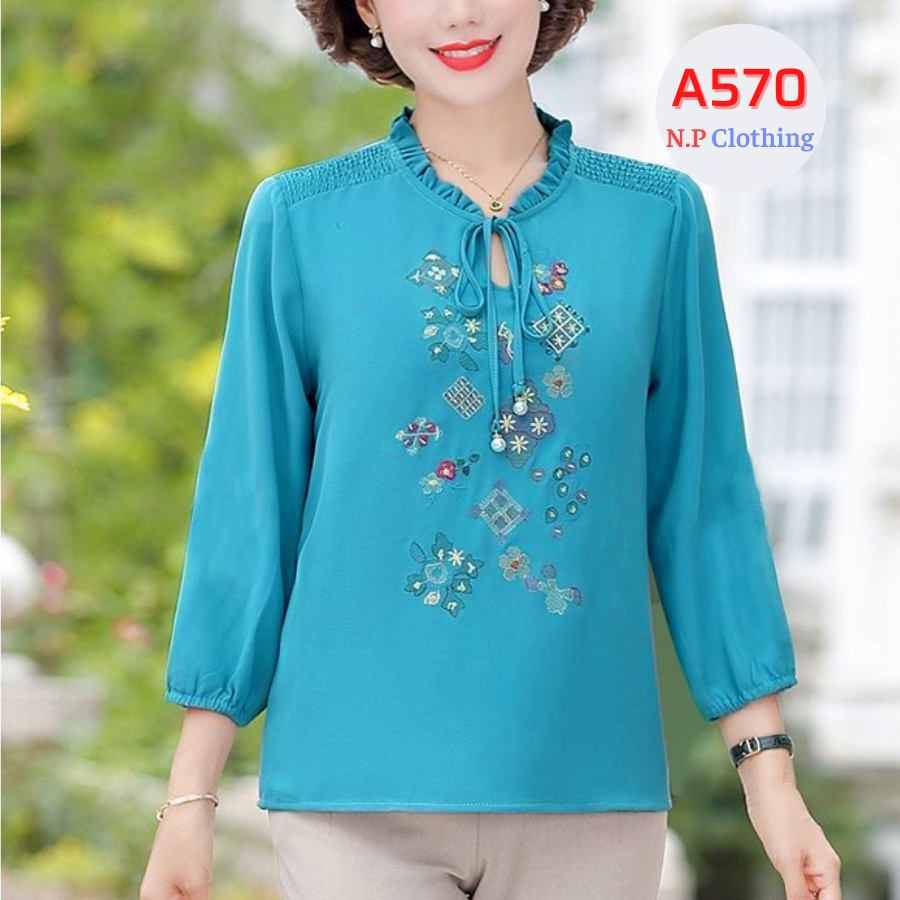 Áo Trung Niên Nữ A570, Kiểu Áo Trung Tuổi Chiffon Cho Mẹ Tay Dài Cổ Nơ Bèo Sang Trọng |Thời Trang Trung Niên NP Clothing