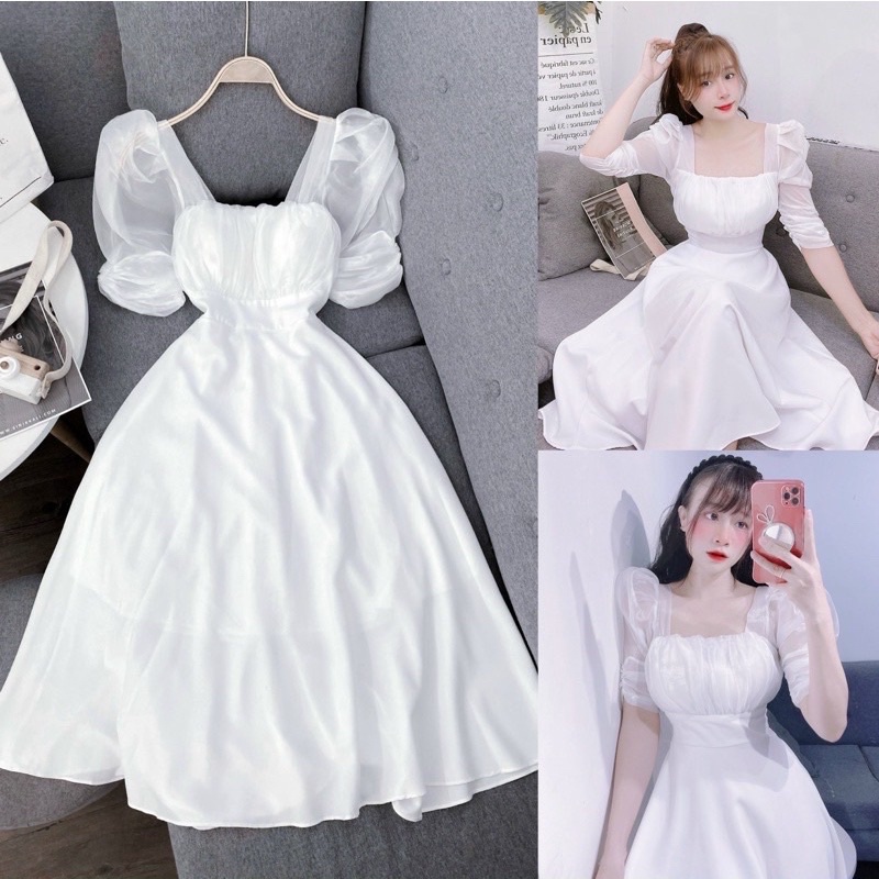 Váy Cổ Vuông Dáng Dài Rúm Ngực Chun Lưng, Đầm Trắng Tiểu Thư Dự Tiệc