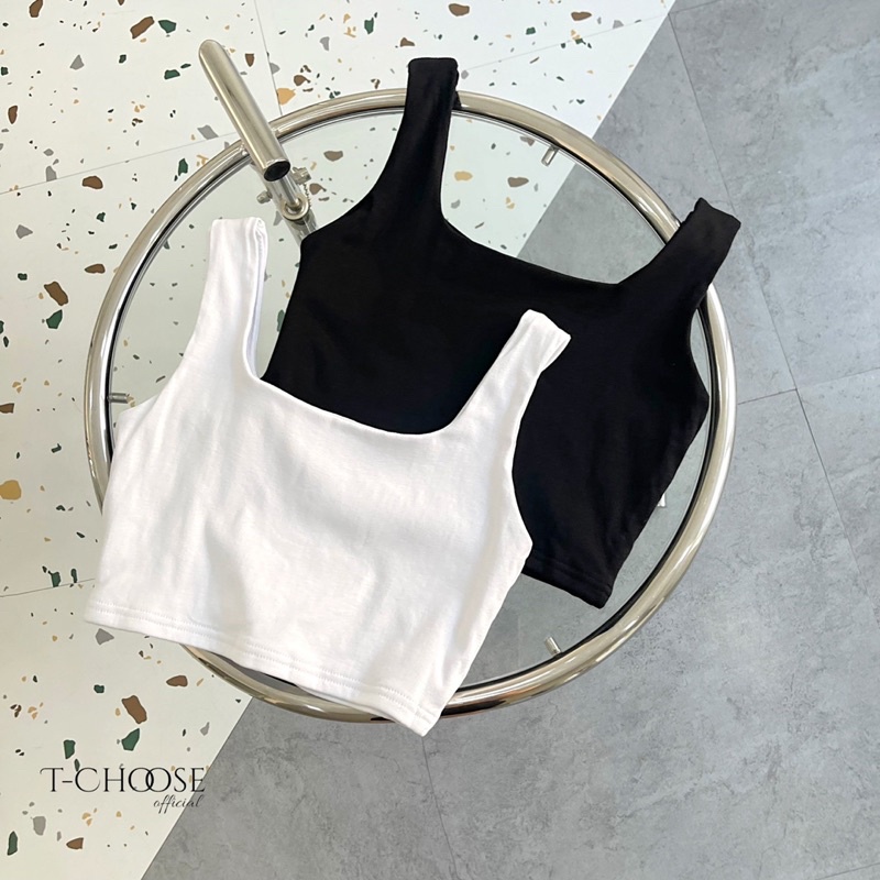 Áo croptop cổ vuông đen trắng - Áo croptop khoét nách 2 màu đen trắng freesize phom ôm chất thun co giãn