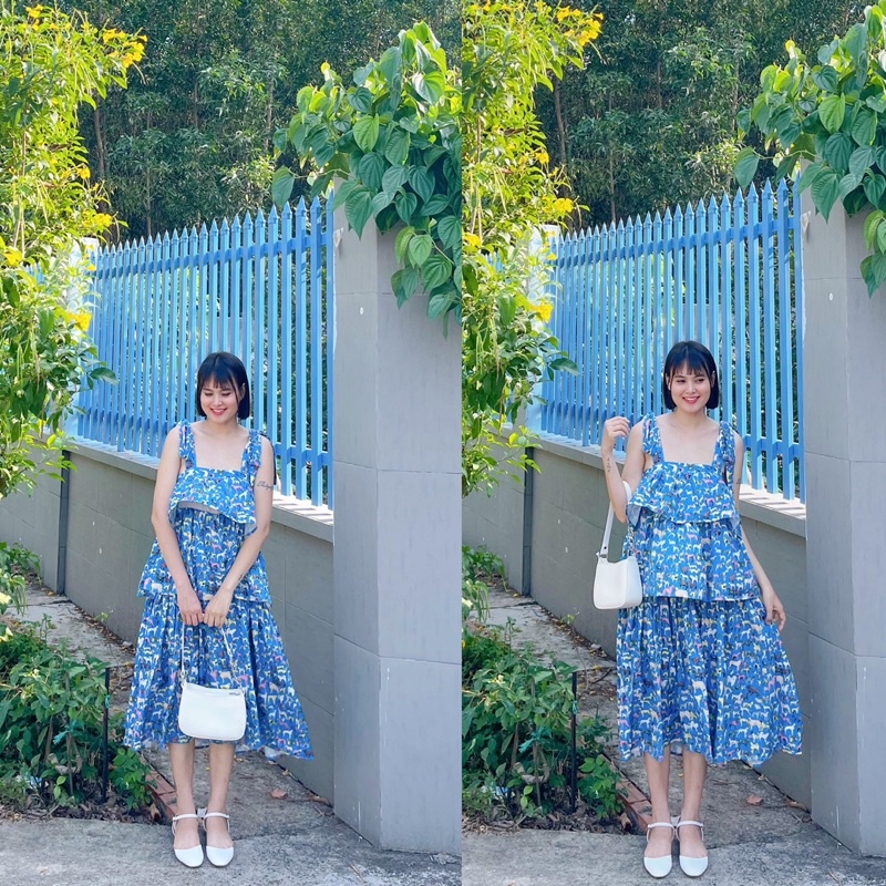 Đầm maxi tầng màu xanh dương hai dây bản to siêu xinh bầu bí bon chen được luôn ạ