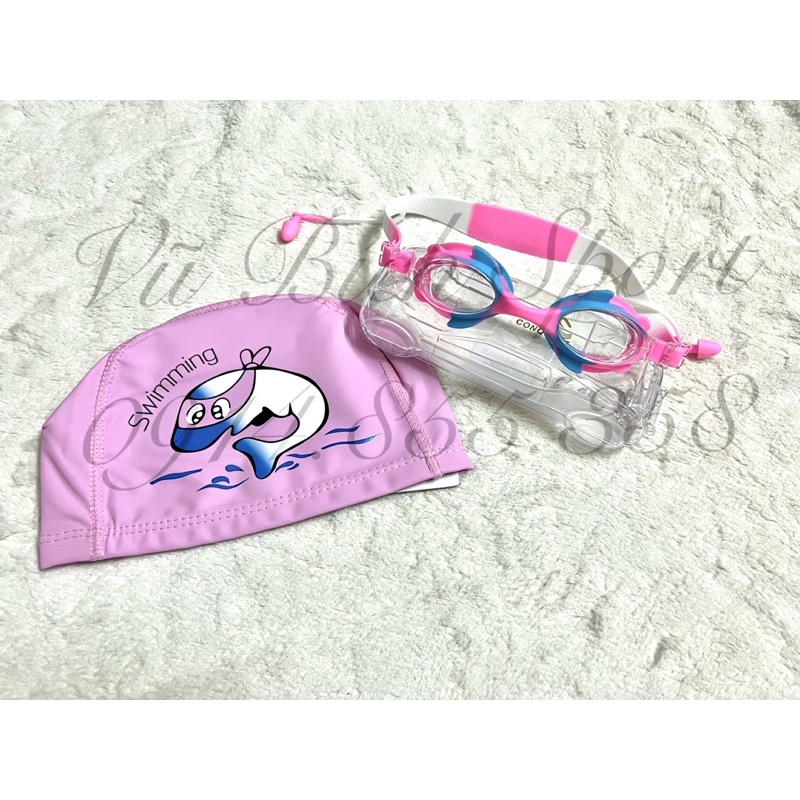 Combo 1 Nón Bơi Vải chống nước + Kính Bơi Conquest BL15 cho bé + Kèm nhét tai bơi