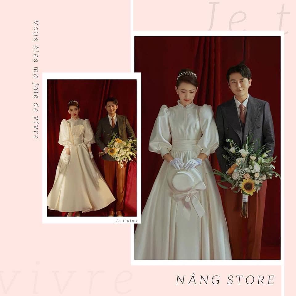 (Farah) Váy trắng cô dâu đơn giản, váy đi bàn, váy tiểu thư tay bồng
