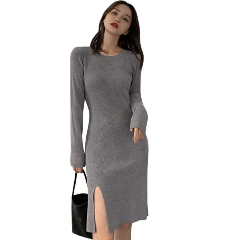 Đầm Tay Dài Cổ Tròn Dáng Ôm Xẻ Tà Quyến Rũ Dành Cho Nữ