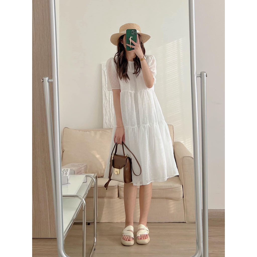 Váy đầm babydoll voan tơ chấm bi 2 lớp tay ngắn phong cách tiểu thư xinh xắn
