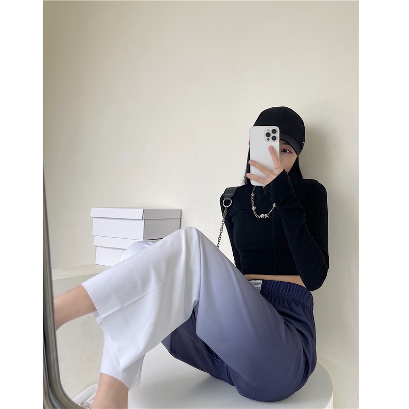 SUXI Quần ống rộng Lưng Cao Màu Gradient Phong Cách Retro Cho Nữ