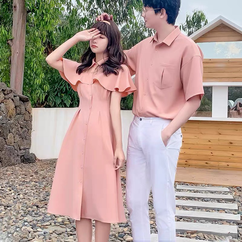 Áo đôi đi biển ❤️FREESHIP❤️ Áo đôi váy sơ mi dễ thương chụp ảnh đi biển nam nữ Hàn Quốc COUPLE màu hồng AV87