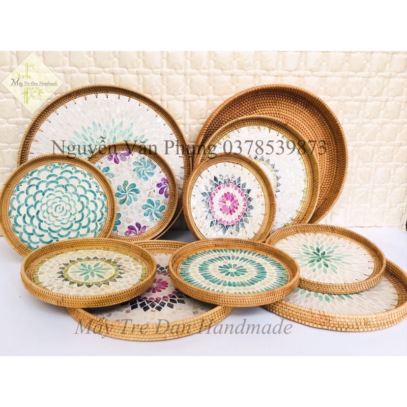 Khay mây khảm trai ,khay mây tre đan cao cấp, khay mây đựng đồ đa năng, Mâm khảm trai decor kích thước D30 D40 D50