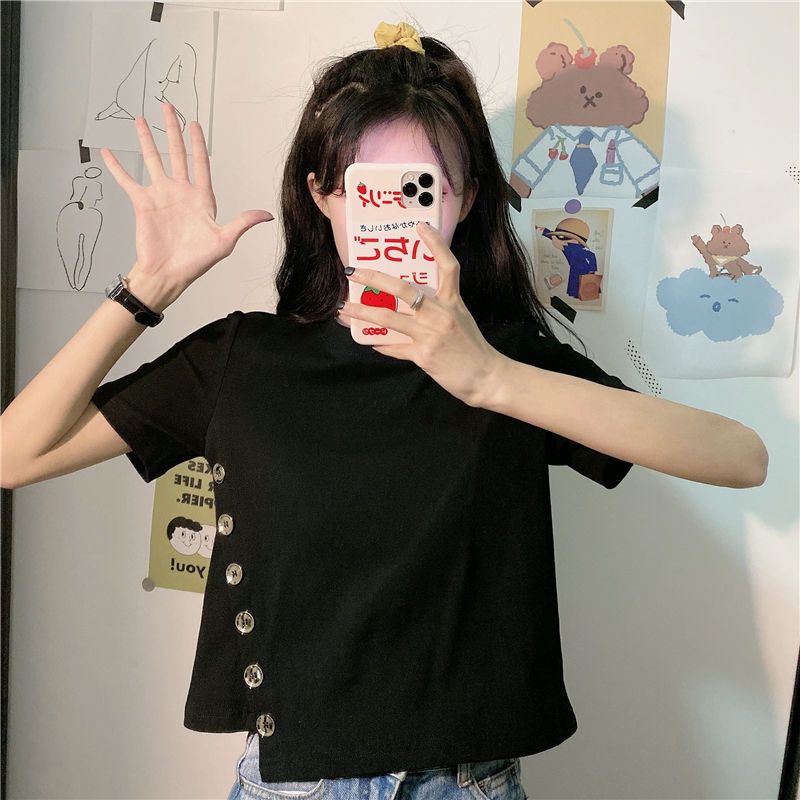 Áo Thun Nữ Tay Ngắn Cúc Xiên Vải Cotton Hàn Quốc