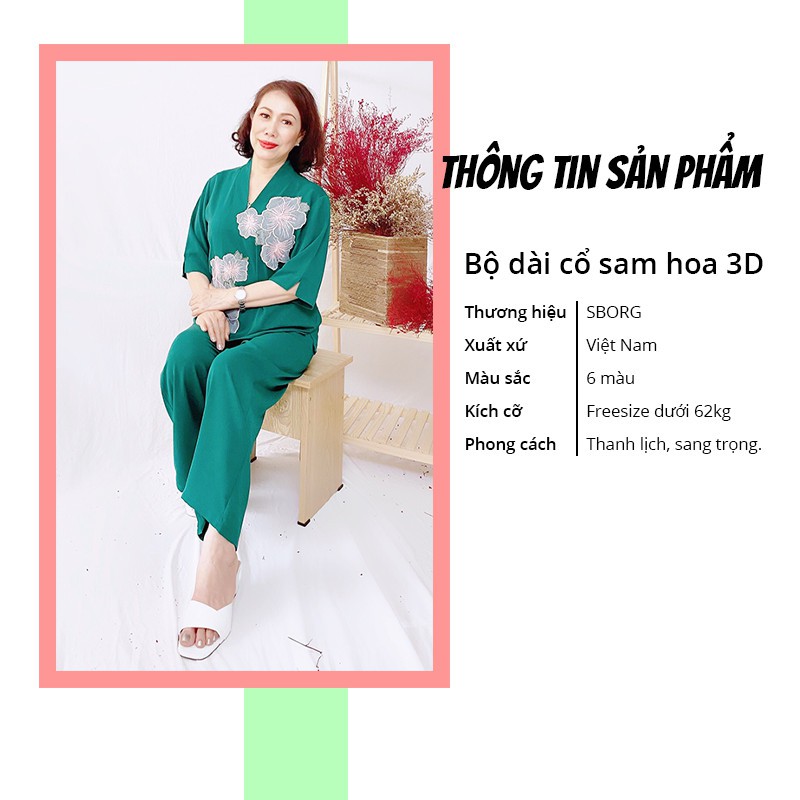 Đồ bộ trung niên SBORG đồ lam đi chùa lụa hồng ngọc cổ chui đính hoa 3D quần dài có túi freesize dưới 62kg quà tặng mẹ