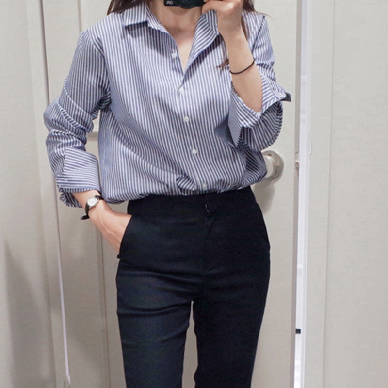Áo Sơ Mi Dài Tay Cổ Chữ V Sọc Vằn Thời Trang Hàn Quốc Cho Nữ