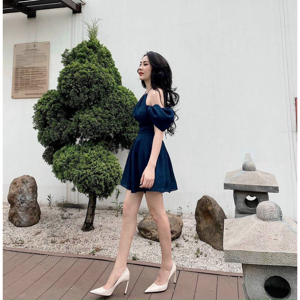 Váy trễ vai chất liệu tơ lụa 2 lớp cao cấp, Đầm nữ cổ yếm tay rớt vai thanh lịch sang trọng, Hàng thiết kế size SM | BigBuy360 - bigbuy360.vn