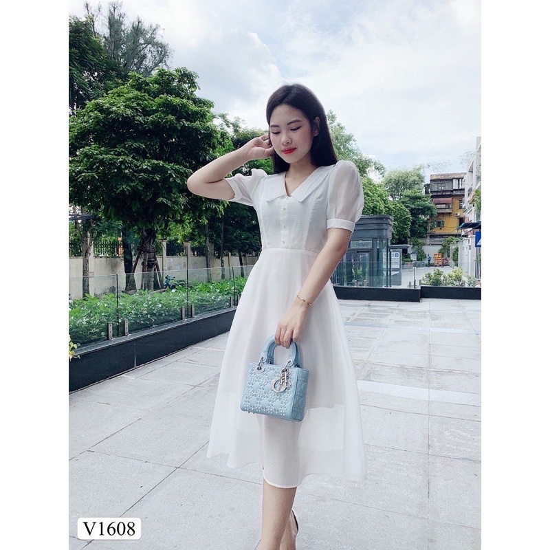 Đầm dự tiệc nữ trắng dễ thương dự tiệc dạo phố đều xinh vải may 2 lớp có nơ thắt eo | BigBuy360 - bigbuy360.vn