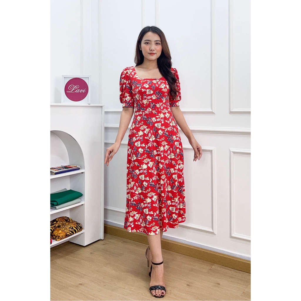 L2269 - ĐẦM XÒE HOA ĐỎ CỔ U TAY PHỒNG - Lavi House
