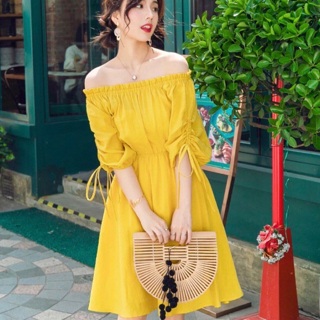 Váy Đầm Maxi vàng trễ vai tay rút dây Neppy Fashion