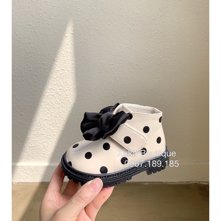 Giày Công Chúa Cao Cấp Bé Gái - Bốt Da Bóng Chấm Bi Có Nơ[Ảnh, Video thật]