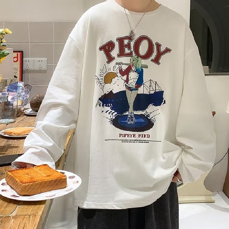 Áo Thun Tay Dài Dáng Rộng In Họa Tiết Hoạt Hình Phong Cách Hàn Quốc Thời Trang Cho Nam Và Nữ size M-5XL