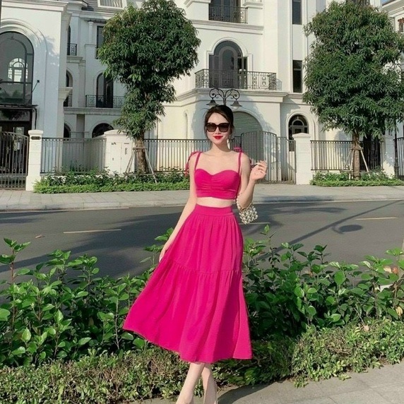 Set áo hai dây croptop kèm chân váy dáng xòe đi chơi đi biển cho nữ