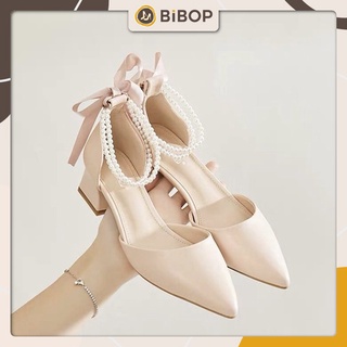 Cao gót mũi nhọn đính ngọc tiểu thư đế vuông 5 phân - Giày dép nữ Bibop VN3