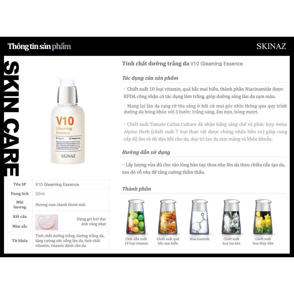 Tinh Chất  V10 Gleaming Essence Skinaz 50ml