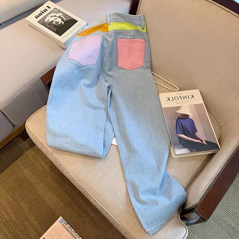Quần jeans ống rộng form suông phối màu pastel phá cách
