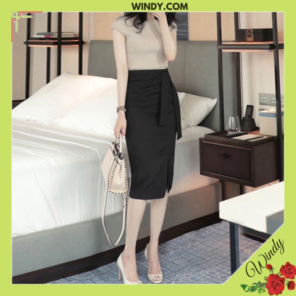 Chân Váy Công Sở Bút Chì Sẻ Trước Kiểu Thắt Nơ Chất Vải Umi Hàn Co Giãn Dài 65cm WINDY.COM